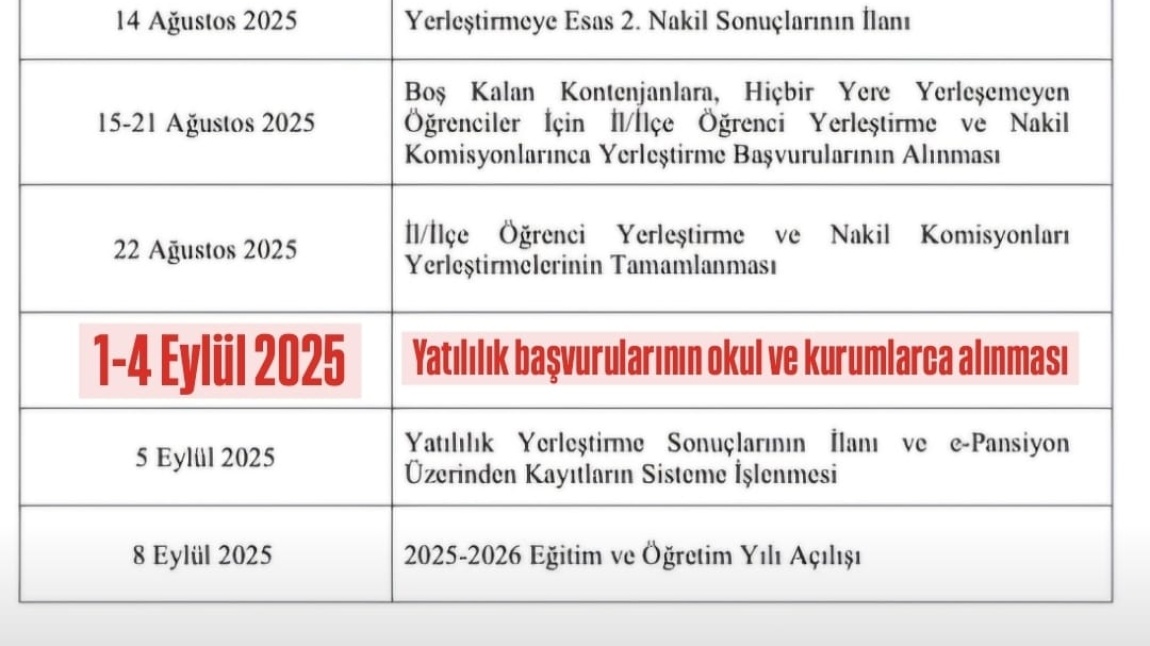 2025-2026 YILI PANSİYON TERCİH VE YERLEŞTİRME TAKVİMİ